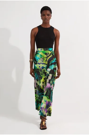 Butterfly Viscose Satin Maxi Skirt