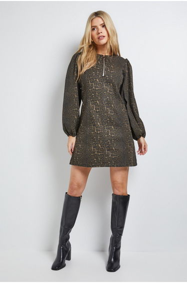 Leopard Zip Front Denim Mini Dress
