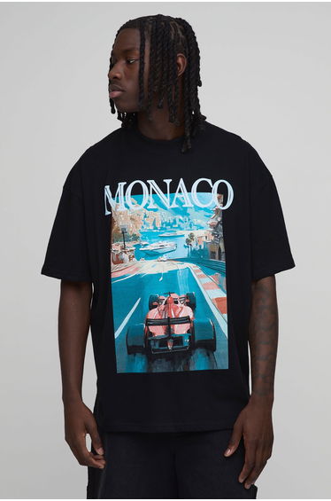 Oversized Extended Neck Monaco Racing Print T-Shirt - black