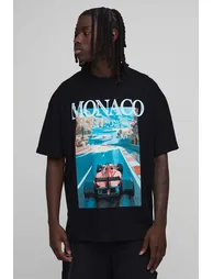 Oversized Extended Neck Monaco Racing Print T-Shirt - black