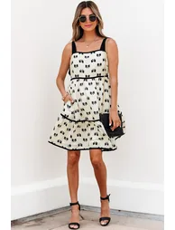 Lvness White Bow Knot Color Contrast Trim Knotted Shoulder Mini Dress