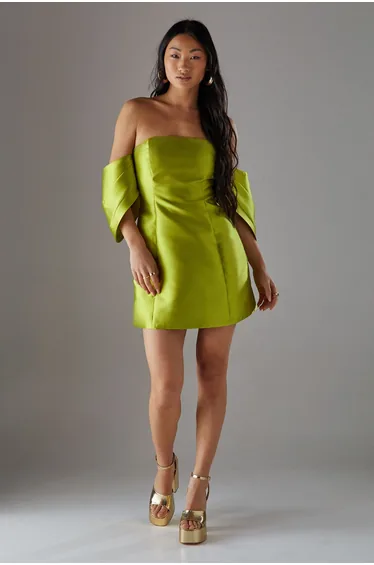 Petite Structured Puff Sleeve Bardot Mini Dress