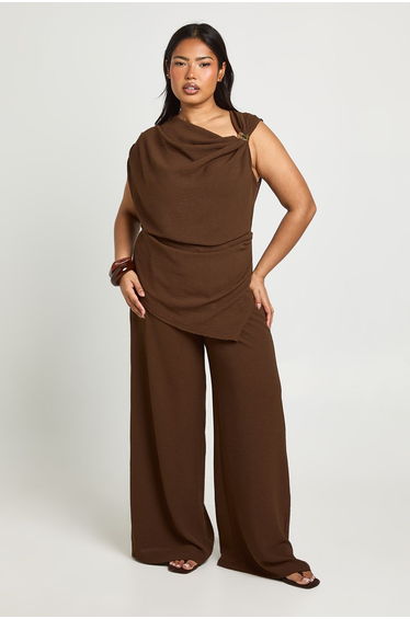 Plus Cowl Neck Trim Detail Top Cinched Back Detail & Wide Leg Trouser Co Ord - chocolate