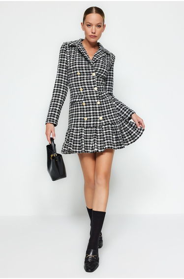 Black Tweed Knit Dress with Ruffles and Button Detail