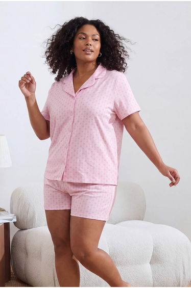 Pink Bowknot Lycra Soft Tuşe Shirt Collar Knitted Large Size Pajama Set