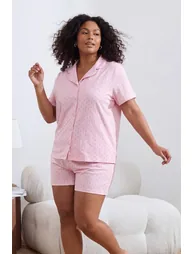 Pink Bowknot Lycra Soft Tuşe Shirt Collar Knitted Large Size Pajama Set