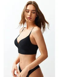 Premium Black Micro Thread Strap Wire Free Padded/Push-Up Bralette Knitted Bra Thmss24Su00024 - 1