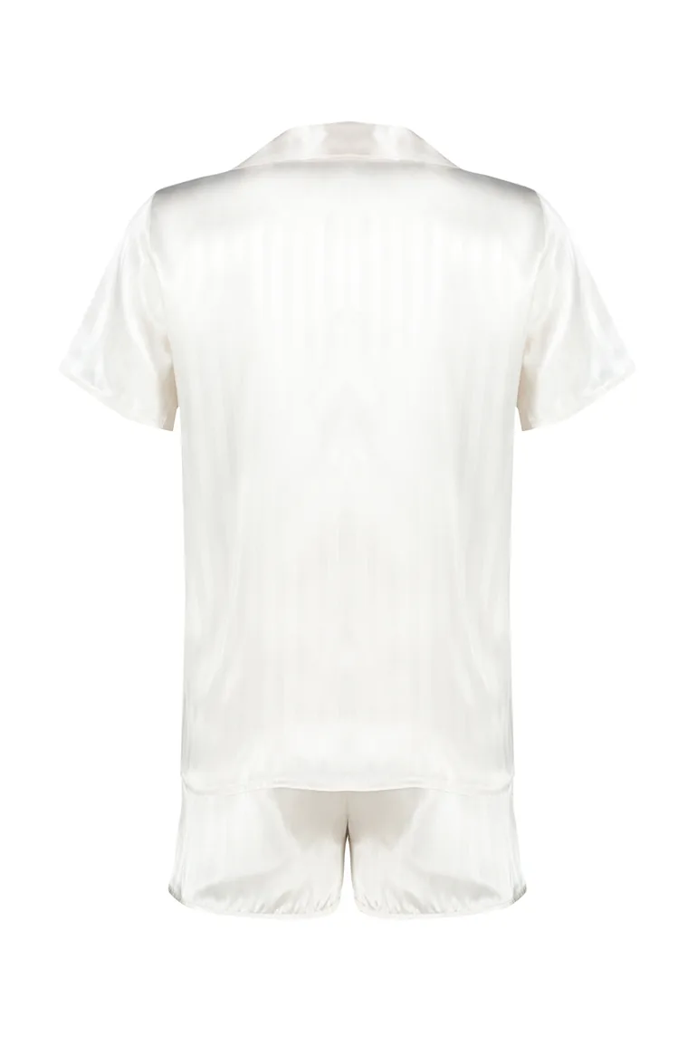 Ecru Satin Heart Woven Pajama Set - 7