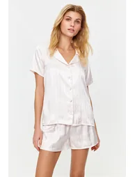 Ecru Satin Heart Woven Pajama Set - 1