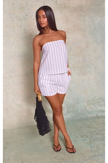 Petite White Pinstripe Floaty Linen Look Elasticated Waist Shorts