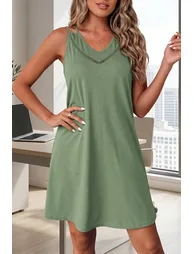 Lvness Grass Green Solid Color Lace Detail V Neck Sleeveless Shift Mini Dress
