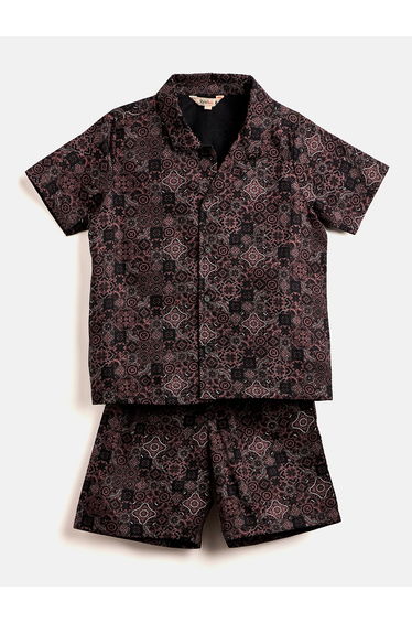 Boys Brown Printed Rayon Shirt and Shorts Set