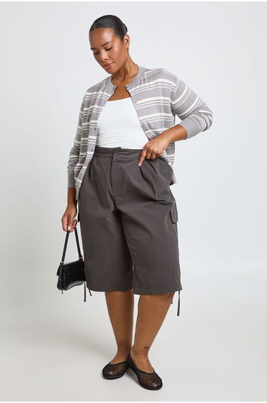 Plus Super Soft Stripe Crew Neck Knitted Cardigan - grey