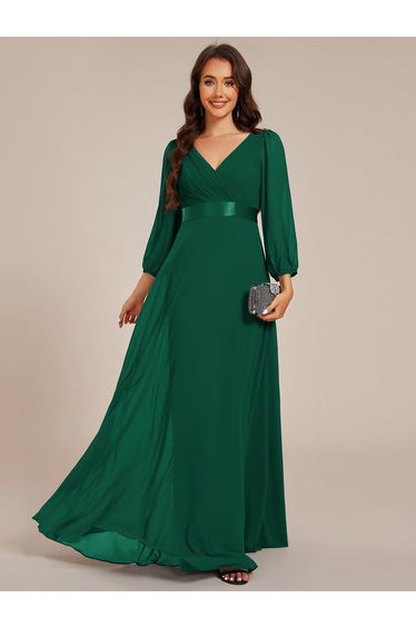 ever OLIVIA|Long Sleeves Chiffon Empire Waist A-Line Maxi Formal Evening Dress
