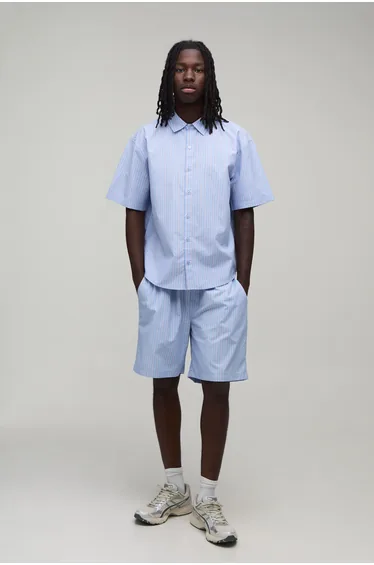 Tennis Embroidered Stripe Regular Fit Shirt & Short Set - blue