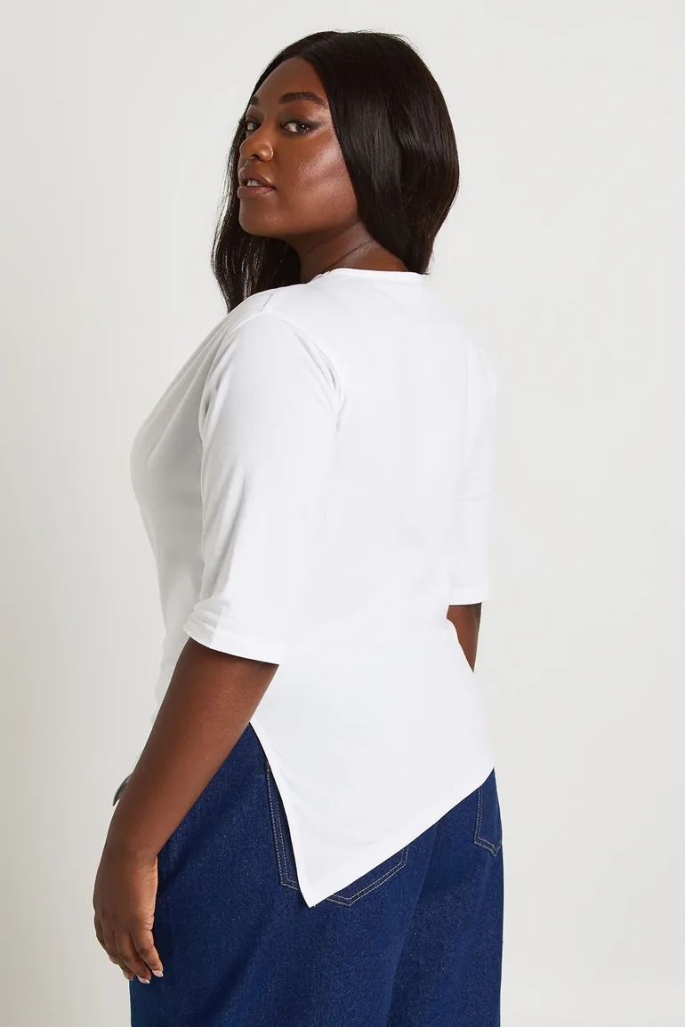 Plus Asymmetric Hem Cinched Waist 3/4 Sleeve T-shirt - white - 2