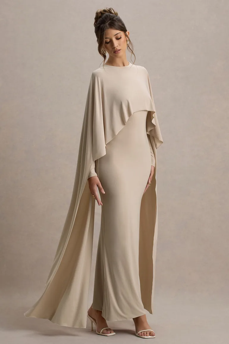 chinese dress ladies Curved Draped Off Shoulder With Long Sleeve Cape Dress  TRACY COUTURE