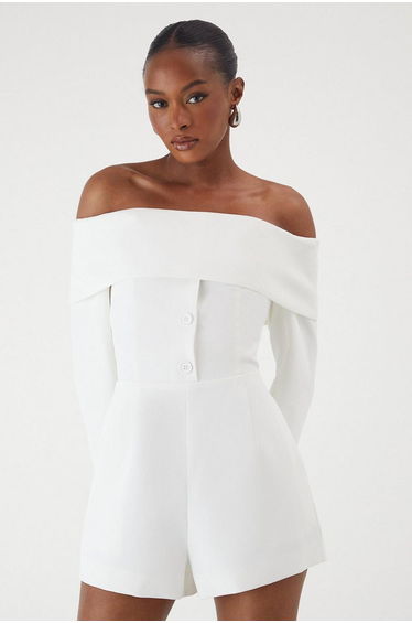 Bardot Fold Over Detail Button Playsuit