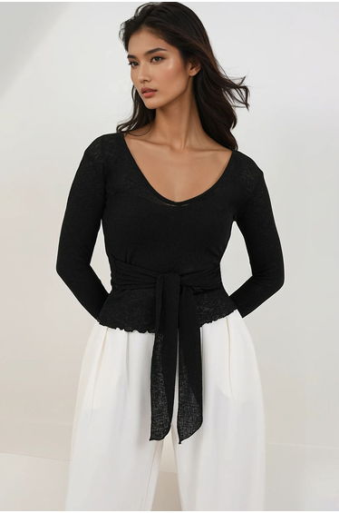 Women's Black V-Neck Tie Detail Blouse