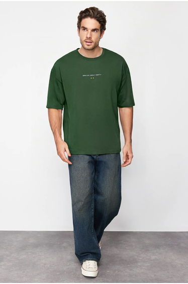 Green Oversize/Wide Cut Bicycle collar short sleeve Game Over Printed T-Shirt