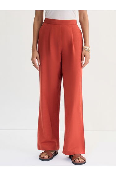 Rust Cotton Linen Straight Fit Pants