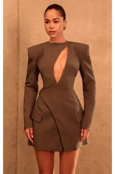 PLT Label Mocha Tailored Asymmetrical Cut Out Blazer Dress