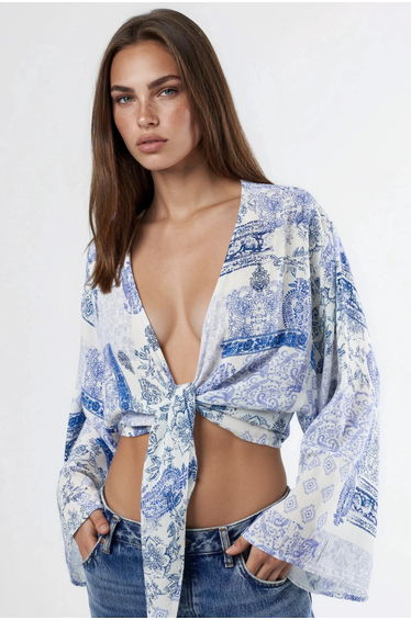 BUSEM V-Neck Paisley Print Crop Blouse with Tie Detail