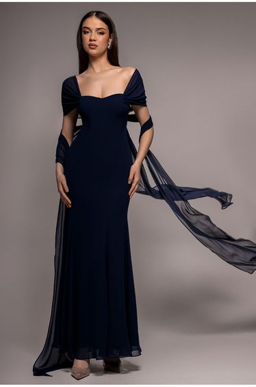 Multiway Cape Chiffon Sweetheart Maxi Dress - Navy Blue by Goddiva