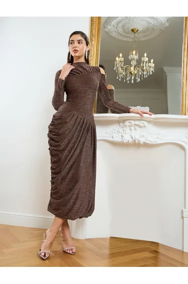 Women Brown Shimmer Knit Asymmetric Maxi Dress