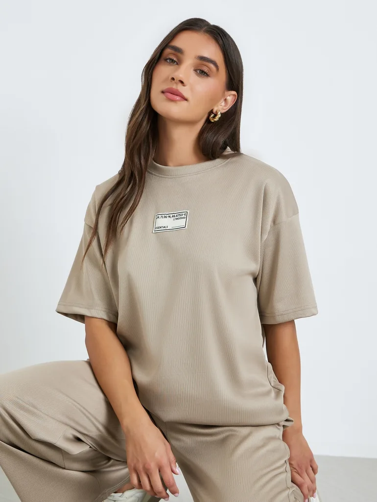 Khaki Oversized T-Shirt with Badge Detail - 1