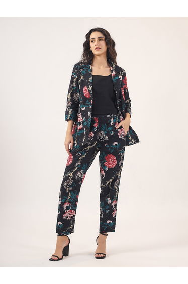 Pack of 3 - All Over Floral Print Front Open Blazer- Trousers and Solid Cami Co-Ords