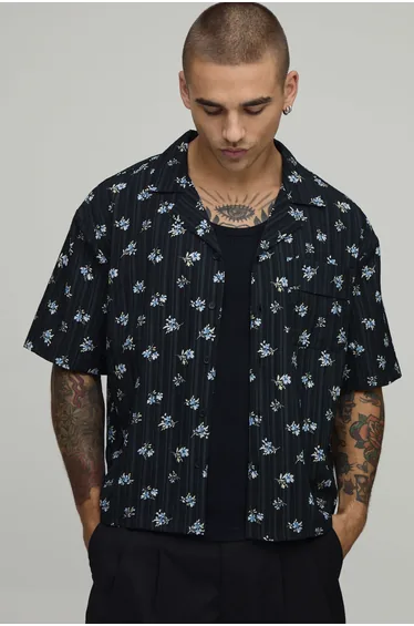 Oversized Textured Floral Print Shirt - black