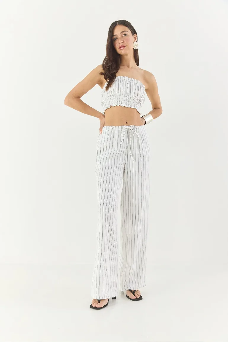 Women's Striped Gipe Detailed Crop Top Waist Drawstring Wide Leg Pants Bottom-Top Suit - 2