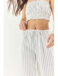 Women's Striped Gipe Detailed Crop Top Waist Drawstring Wide Leg Pants Bottom-Top Suit - 5