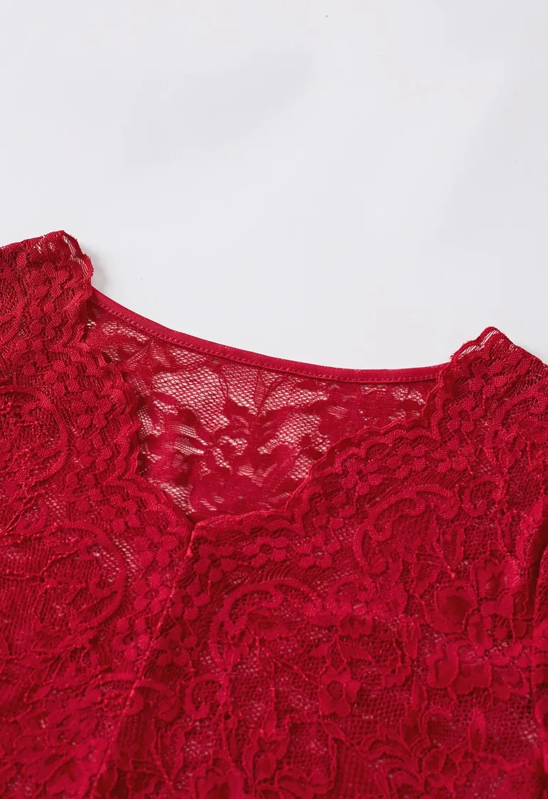 Allover Lace Scalloped V-Neck Long Sleeve Top in Red for Elegant Evenings & Statement Looks - 7