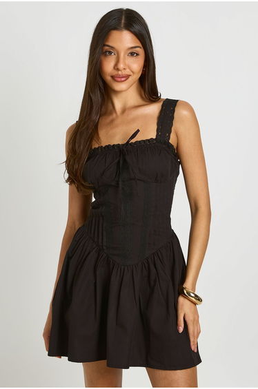 Lace Trim Ruched Bust Mini Dress - black