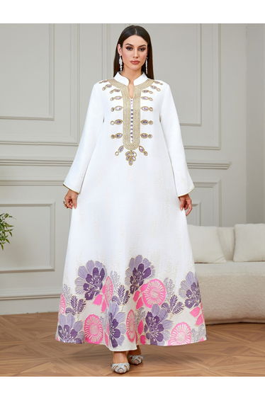 White Textured Floral Embroidered A-Line Jalabiya