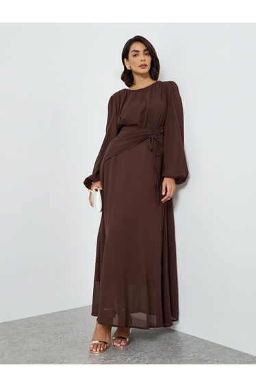 Coffee Brown Balloon Sleeve Waist Tie Maxi Dress