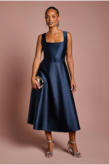 Petite Belted Twill Midi Dress