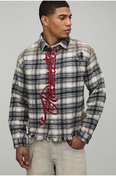 Oversized Boxy Bleach Wash Applique Distress Shirt - cream