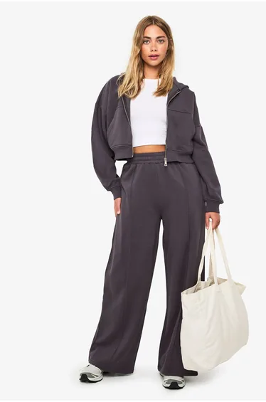 Petite Boxy Balloon Sleeve Oversized Zip Through Hoodie - charcoal