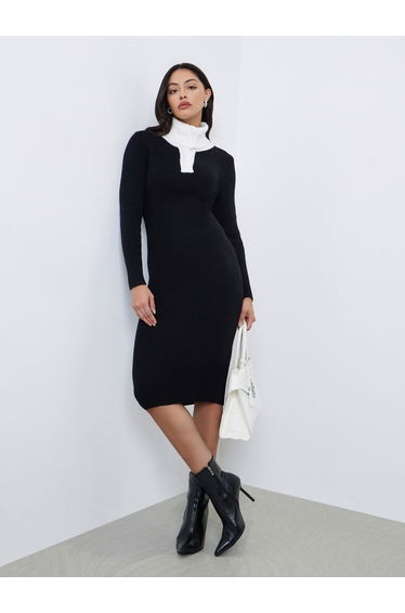 Black Ribbed Knit Sweater Midi Dress