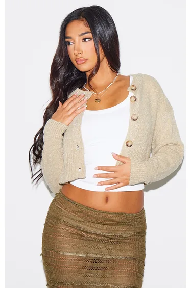 Petite Oatmeal Knitted Button Up Cardigan