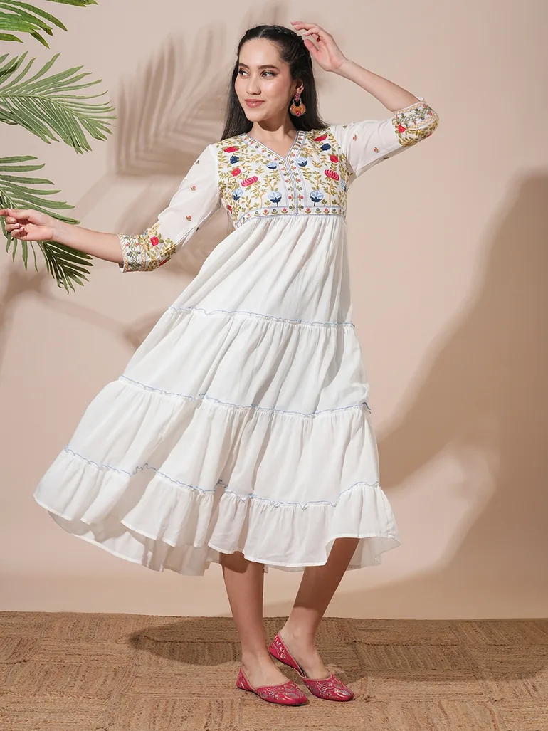 embroidered yoke midi dress White Embroidered Yoke Festive Midi Dress Globus : Day Dresses : VogaCloset  Oman