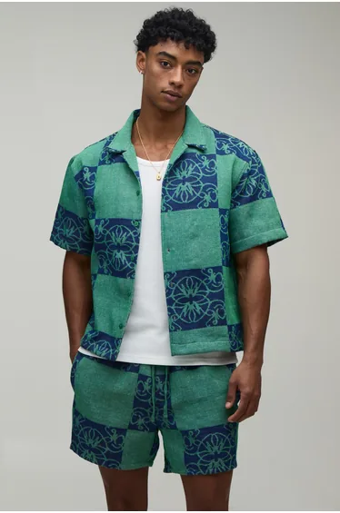 Oversized Boxy Tapestry Shirt & Relaxed Short Set - green