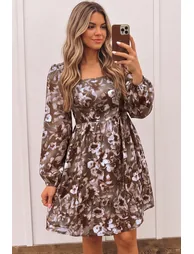 Lvness Brown Abstract Floral Print Square Neck Long Sleeve Mini Shift Dress