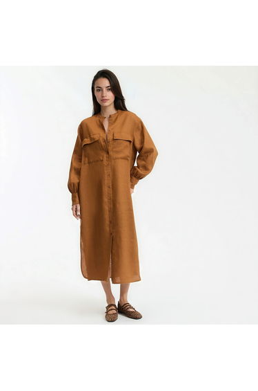 Linen Maxi Shift Dress with Long Sleeves