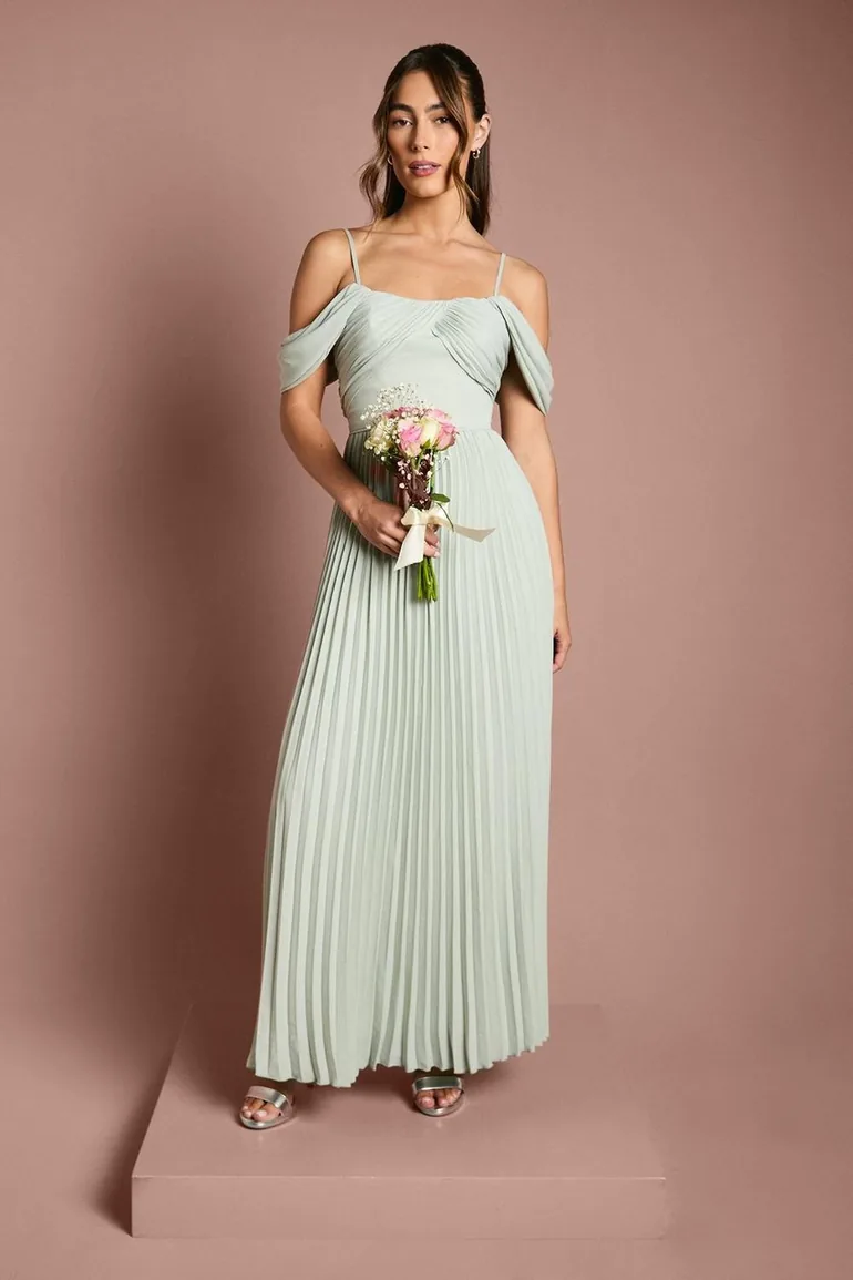 bardot pleated maxi dress Women's Bardot Pleated Maxi Bridesmaid Dress, Emerald