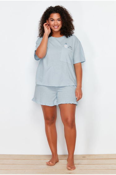 Light Blue Single Jersey Knitted Plus Size Pajamas Set