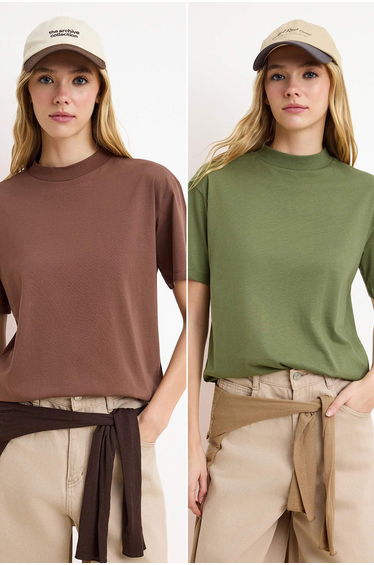 Brown-Khaki 2-Pack %100 Cotton Basic Mock Neck Knitted T-Shirt